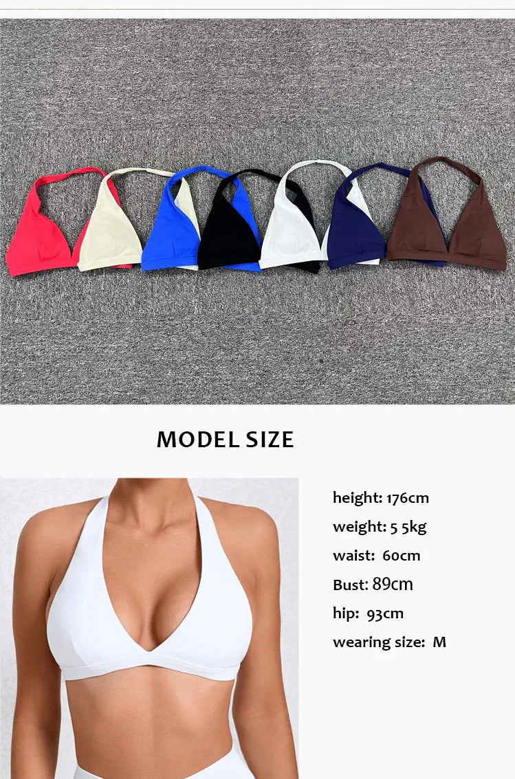 WANAYOU Women’s Deep V Yoga Bra — Halter Sports Crop Top | Padded Open-Back Gym & Fitness Workout Top