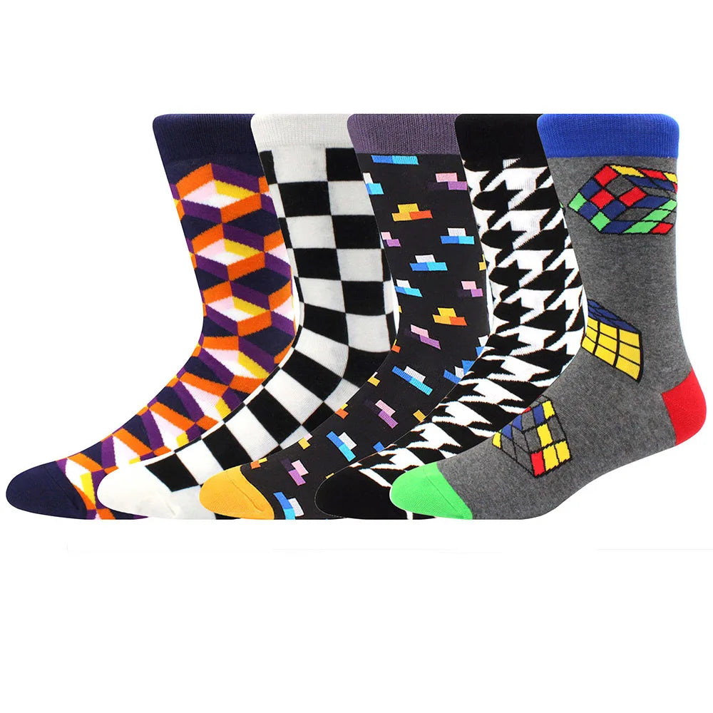 5-Pair Combed Cotton Novelty Crew Socks - Funny Skateboard Casual Socks for Men & Women