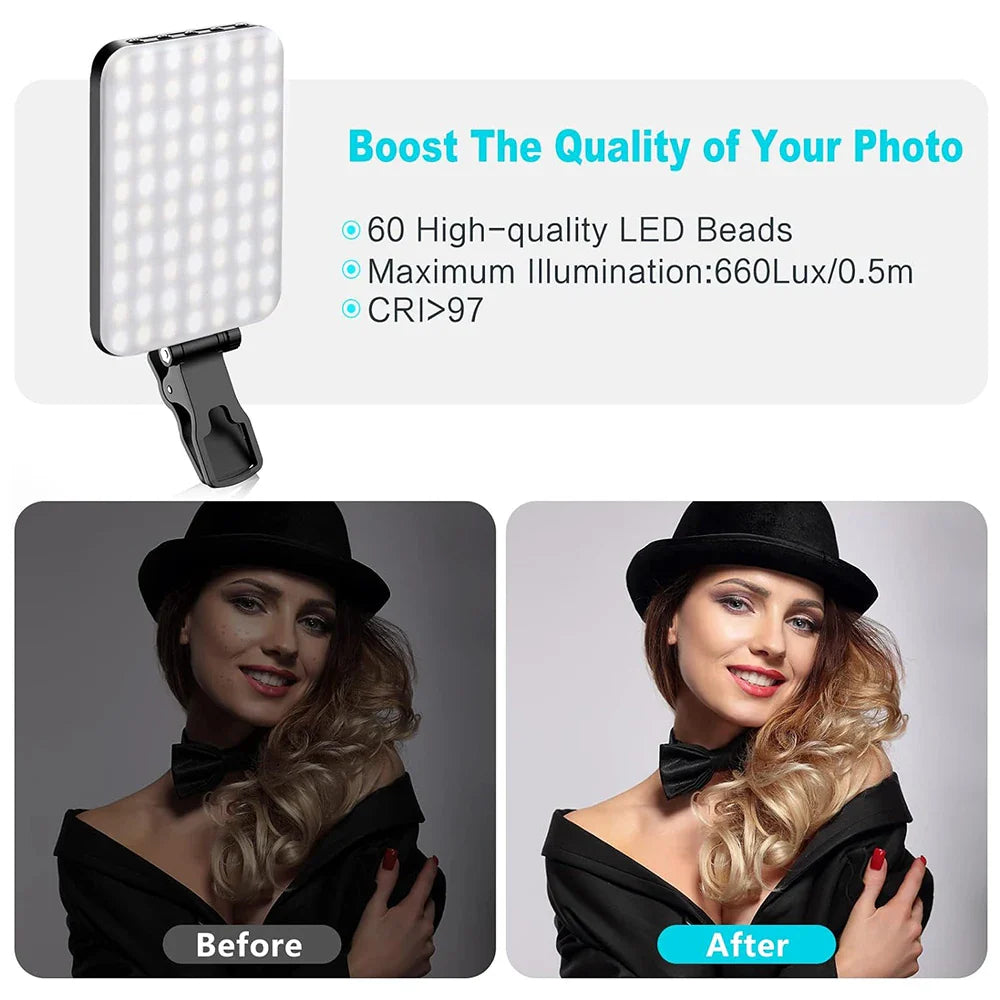 Minifocus Selfie Light | 60 LED 2200mAh Rechargeable Fill Light for Cell Phone | 7 Modes, 10-Level Brightness | Portable Clip-on Light