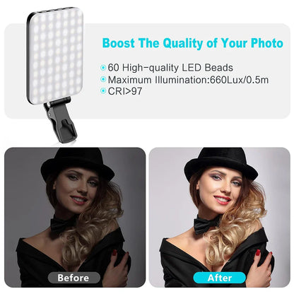 Minifocus Selfie Light | 60 LED 2200mAh Rechargeable Fill Light for Cell Phone | 7 Modes, 10-Level Brightness | Portable Clip-on Light