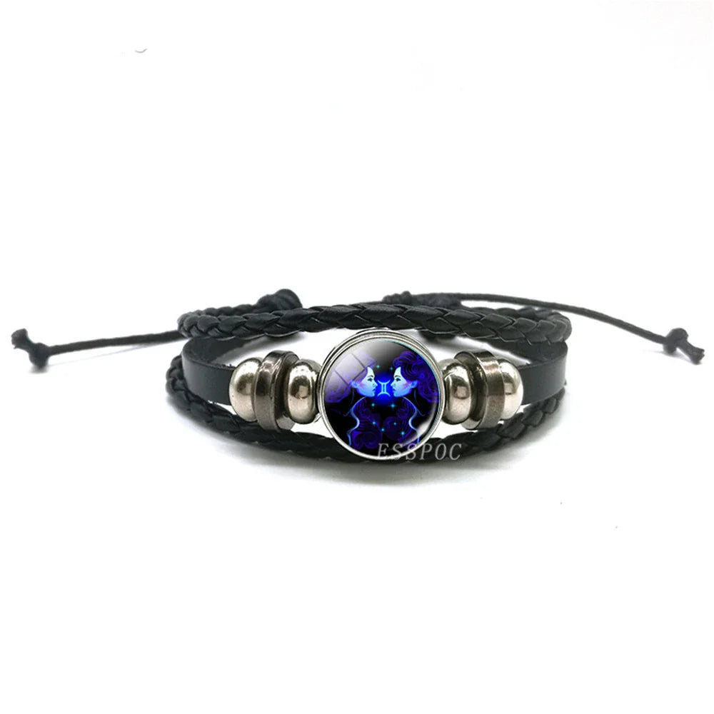 New Men's 12 Constellation Black Braided Leather Bracelet – Punk Style Zodiac Sign Multilayer Wrap Bracelet for Birthday Gifts