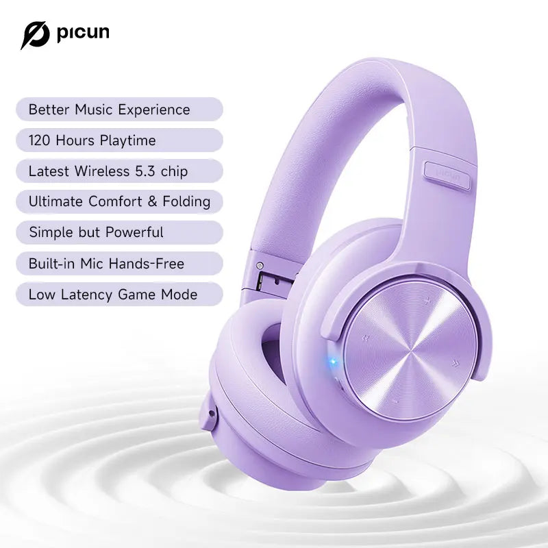 Picun B8 Bluetooth Headphones - 120H Playtime, Wireless Over-Ear Headset, 3EQ Mode, Low Latency, Hands-Free Calls