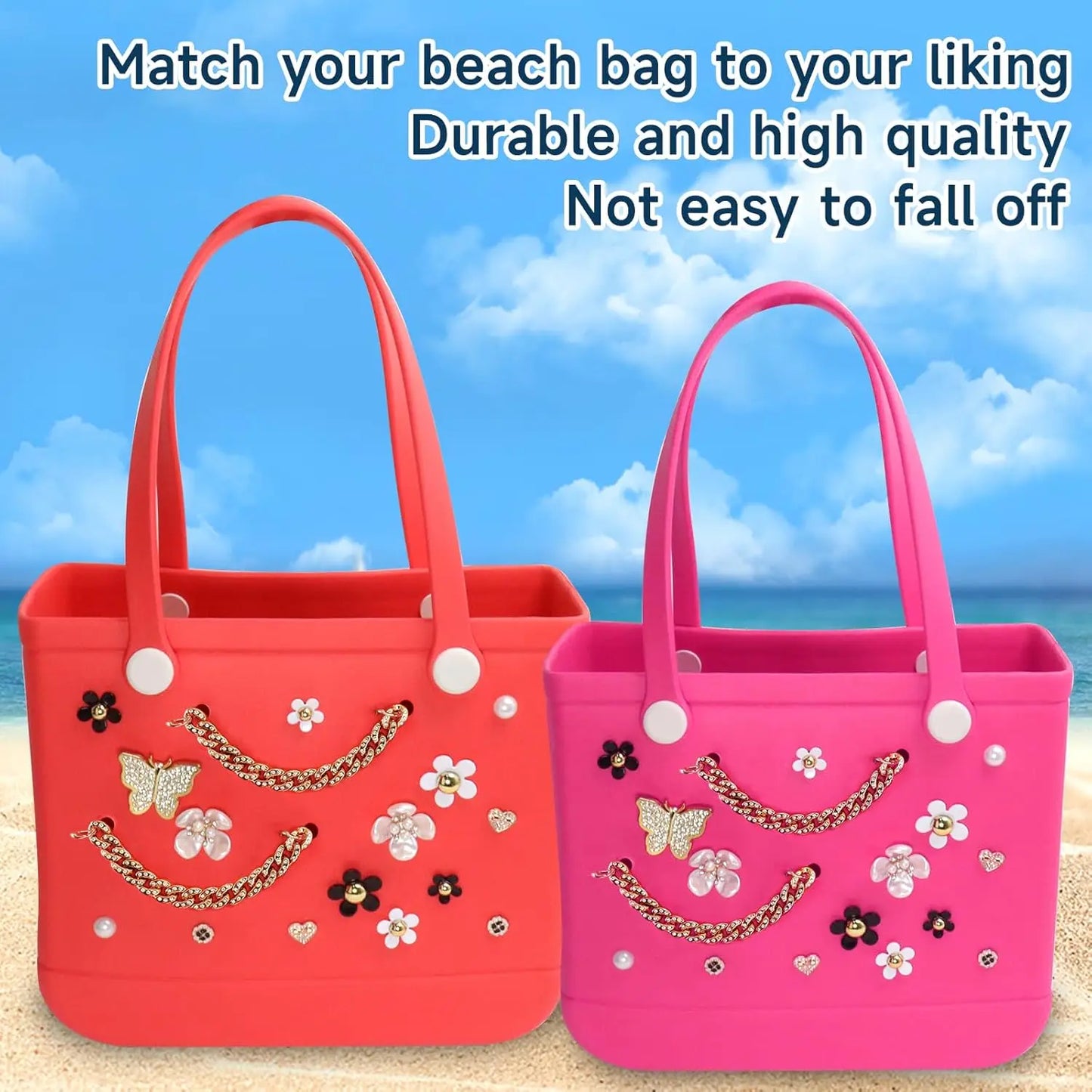 20PCS Beach Bag Charms Set – Pearl, Butterfly & Flower Decorative Accessories for Bo Bag, Stylish Compatible Clip-On Bag Charms