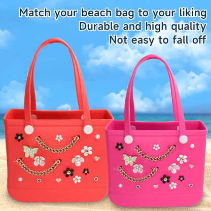 20PCS Beach Bag Charms Set – Pearl, Butterfly & Flower Decorative Accessories for Bo Bag, Stylish Compatible Clip-On Bag Charms