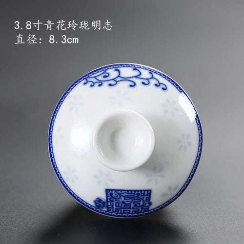 Ceramic Sancai Tea Bowl with Lid – Blue & White Porcelain Cover for Kungfu Tea Set Household Accessories