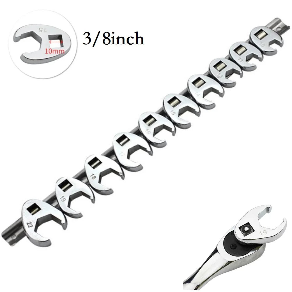 10pcs 3/8" Drive Crowfoot Wrench Set — 10-22mm Metric Open-End Spanners for Torque Wrench