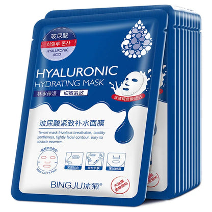 10pcs Hyaluronic Acid Hydrating Facial Mask – Moisturizing, Pore Shrinking Skin Care Face Masks