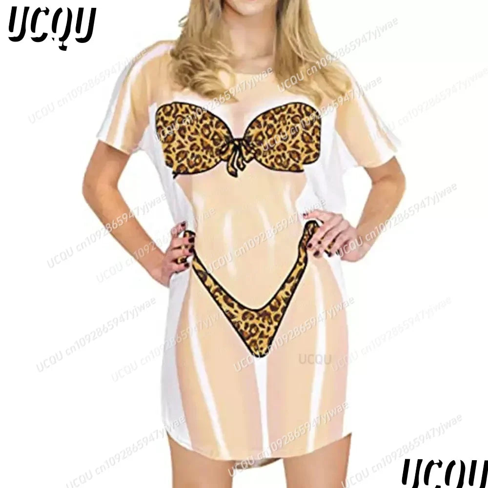 Women's 3D Bikini Print T-Shirt Dress - Casual Short Sleeve Summer Sleep & Home Dress