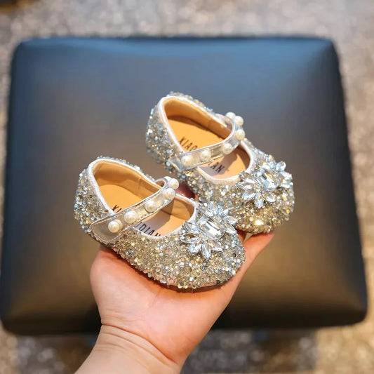 Toddler Princess Glitter Flats - Shiny Crystal Soft-Soled Non-Slip Walking Shoes