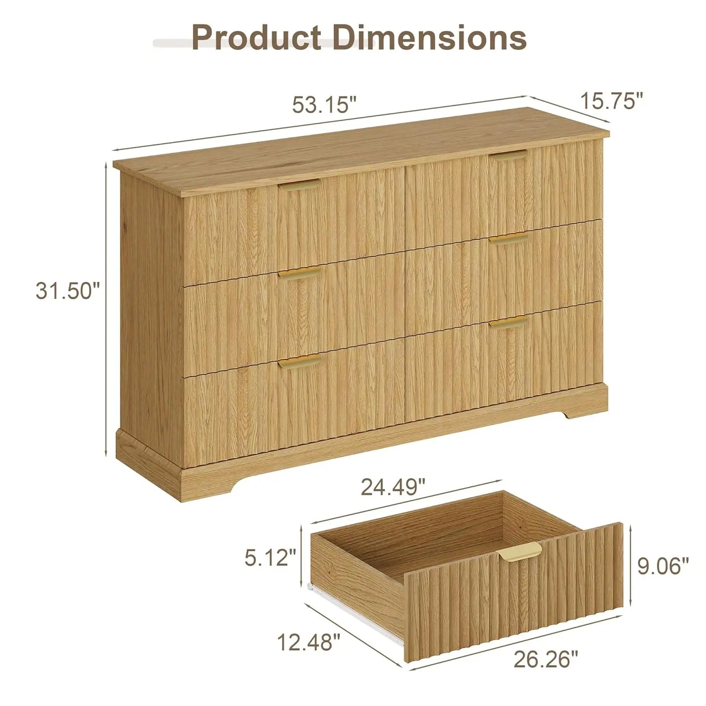 53" 6-Drawer Fluted Wood Dresser – Natural Oak Chest with Metal Handles for Bedroom, Living Room & Entryway Storage (Customizable)
