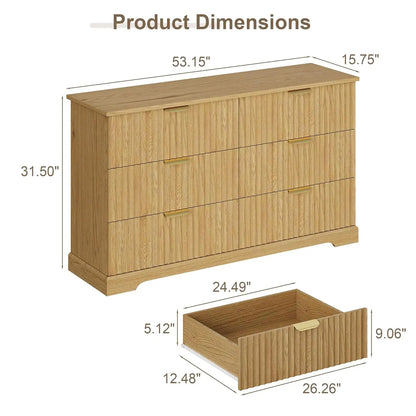 53" 6-Drawer Fluted Wood Dresser – Natural Oak Chest with Metal Handles for Bedroom, Living Room & Entryway Storage (Customizable)