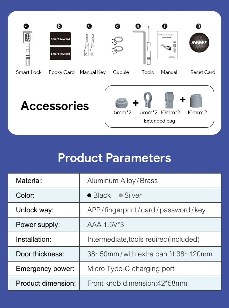 V1 Pro+ Smart Door Lock – TUYA App Adjustable Fingerprint, Password & RFID Cylinder for Home Security