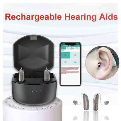 Rechargeable Digital BTE Hearing Aid - Adjustable Volume Portable Hearing Amplifier for Seniors & Adults