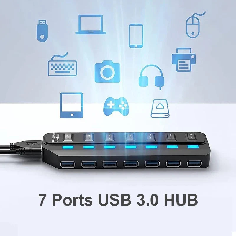 7-Port USB 3.0 Hub - High Speed 5Gbps Splitter with Power Switch & Long Cable for Multiple Device Expansion
