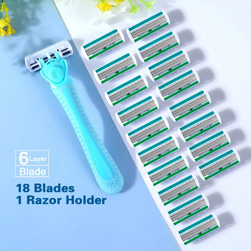 Women’s 6-Layer Manual Safety Razor Set – 1 Handle + 18 Stainless Steel Replaceable Blades