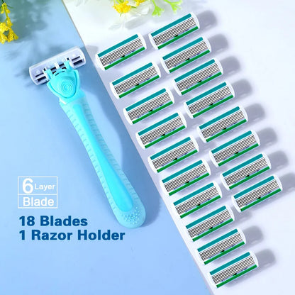 Women’s 6-Layer Manual Safety Razor Set – 1 Handle + 18 Stainless Steel Replaceable Blades