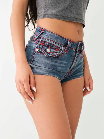 Retro Buddha Y2K Denim Shorts – High Waist Goth Hip Hop Mini Skirt with Embroidery & Pockets