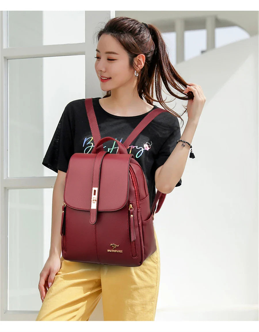 Luxury Leather Backpack for Women - Vintage Black Daypack, Casual School Bag for Girls, Mochila Rucksack Style