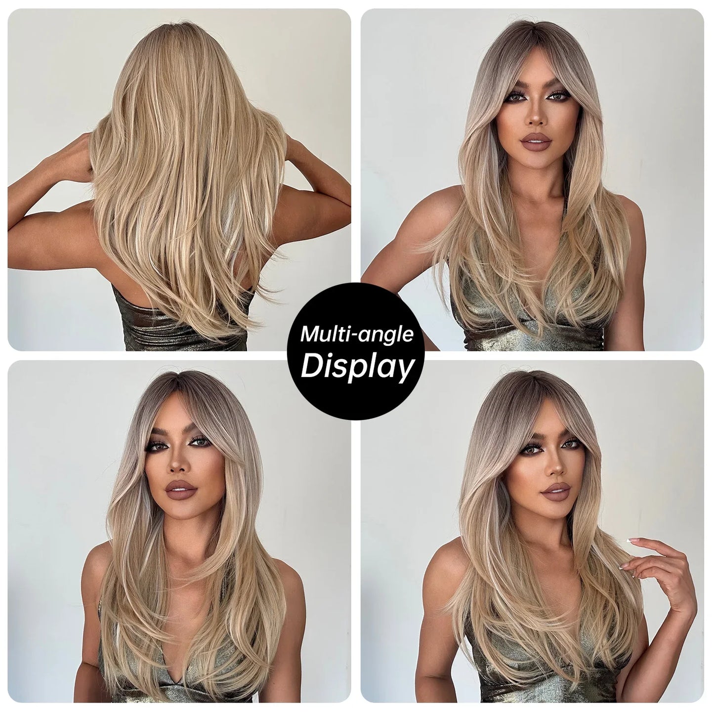 Long Straight Layered Blonde Wig with Platinum Highlights — Synthetic Hair with Bangs, Heat-Resistant for Women Daily & Cosplay