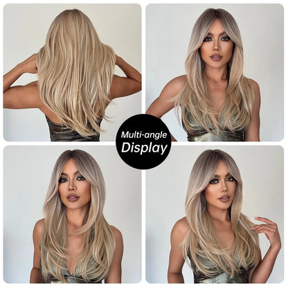 Long Straight Layered Blonde Wig with Platinum Highlights — Synthetic Hair with Bangs, Heat-Resistant for Women Daily & Cosplay
