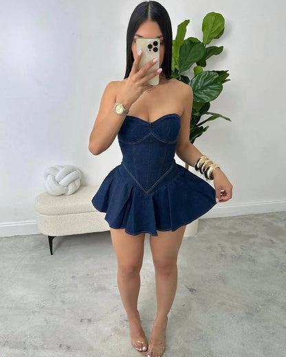 Sexy Chest Wrap Mini Dress – Women’s Sleeveless, Backless, Strapless Slim Fit A-Line Denim Dress 2024