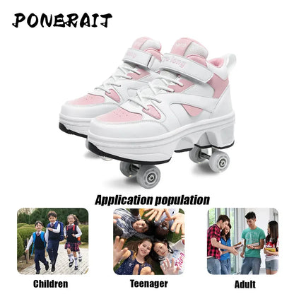 Women's High-Top 4-Wheel Roller Shoes – Fashionable Unisex Pop-Up Sneakers with Wheels, Dual-Purpose Skating & Casual Shoes