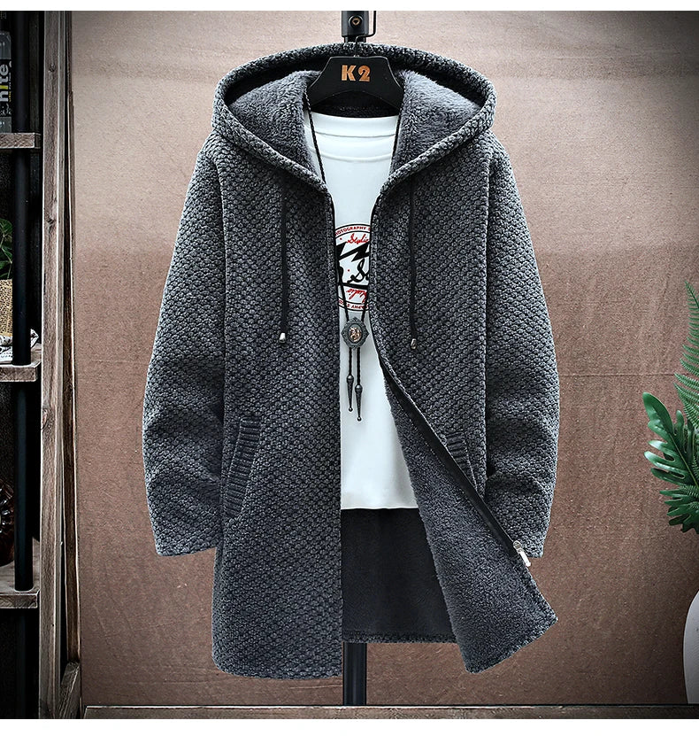 Men's Cashmere Hooded Cardigan Coat – Warm Fleece Long Sweater Jacket for Autumn Winter