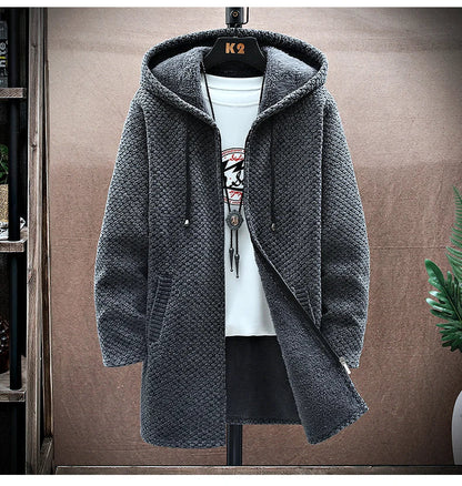 Men's Cashmere Hooded Cardigan Coat – Warm Fleece Long Sweater Jacket for Autumn Winter