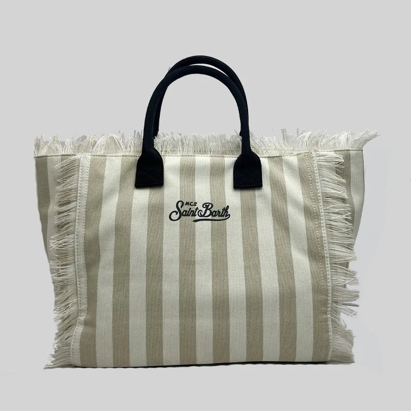 Saint Barth Large Capacity Women's Beach Handbag – European & American Style, Deep Blue Striped Tassel Tote