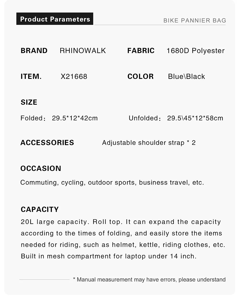 Rhinowalk 20L Bike Pannier Bag — Waterproof Rear Rack Bicycle Shoulder Backpack, Travel & Cycling Accessories
