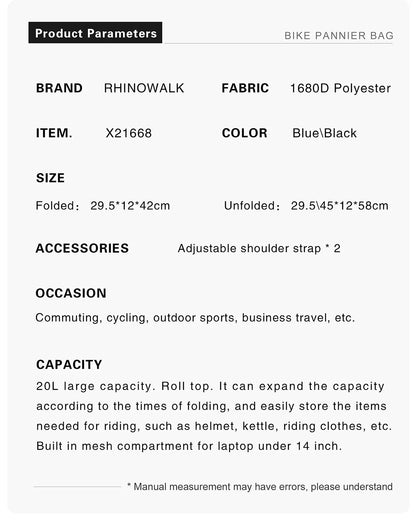 Rhinowalk 20L Bike Pannier Bag — Waterproof Rear Rack Bicycle Shoulder Backpack, Travel & Cycling Accessories