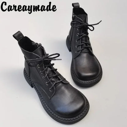 Careaymade 100% Genuine Leather Wide Casual Women’s Short Boots – Big Size, Handmade Men’s Wool Boots