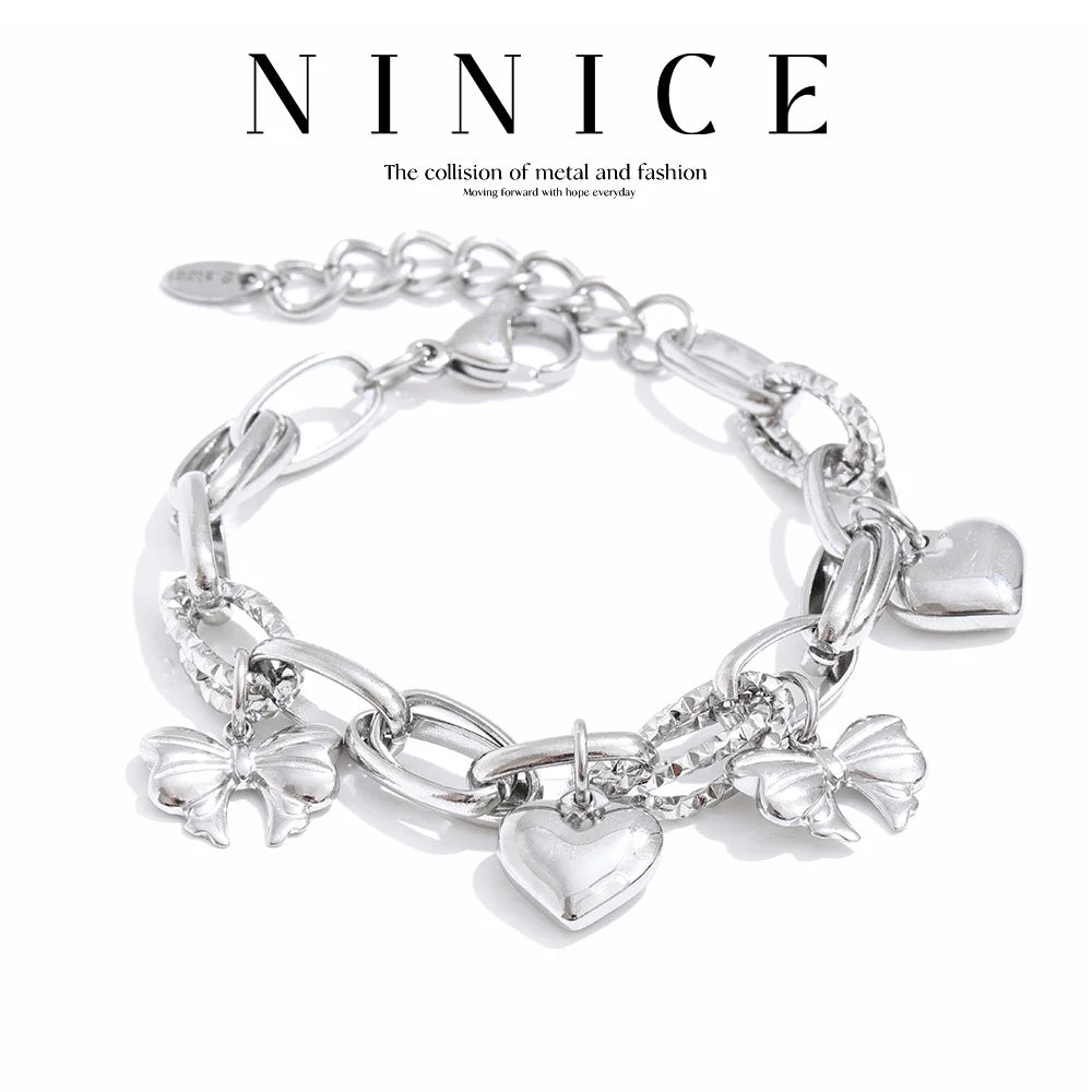 NiNice Stainless Steel Heart & Bow Pendant Bracelet – Romantic DIY Fashion Jewelry Gift for Women, Elegant Trendy Design