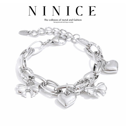 NiNice Stainless Steel Heart & Bow Pendant Bracelet – Romantic DIY Fashion Jewelry Gift for Women, Elegant Trendy Design
