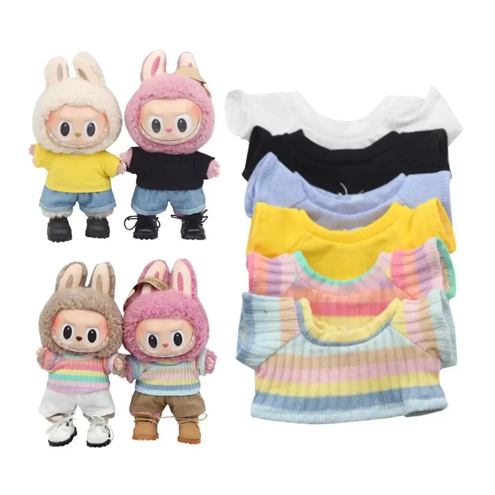 Labubu Idol Doll Clothes Set – T-Shirt & Denim Shorts Outfit for 17cm Labubu & 10cm Cotoon Dolls, Doll Accessories