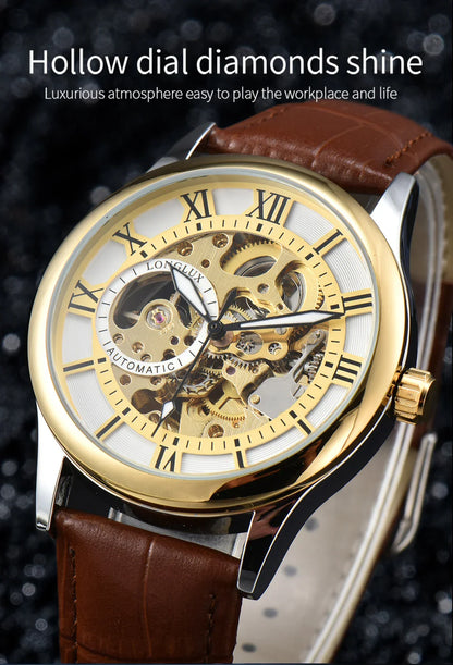 LONGLUX Rome Automatic Mechanical Waterproof Men’s Watch – Hollow Dial Leather Wristwatch Gift
