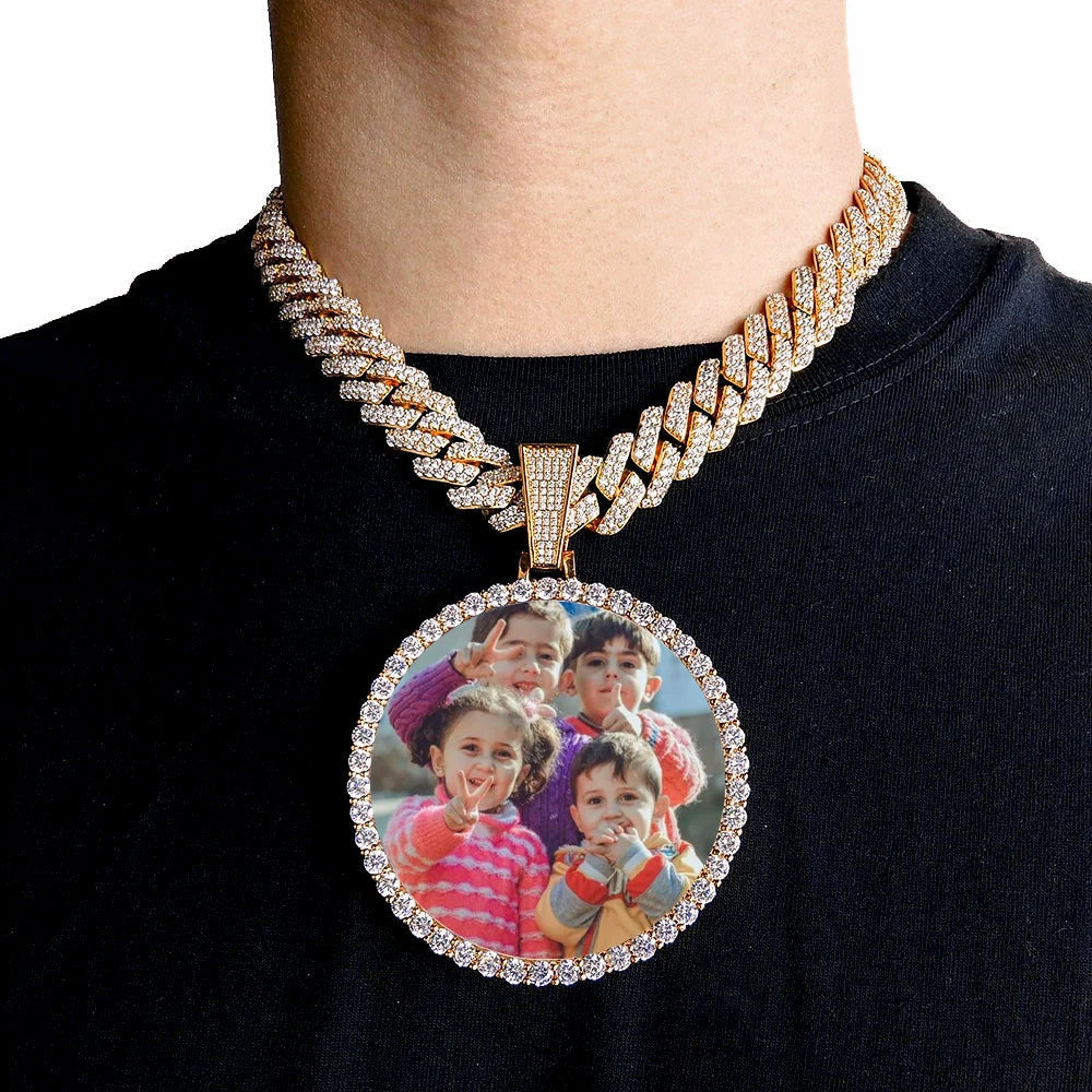 Custom Photo Medallion Necklace - 18K Gold Iced Out Cuban Pendant Hip Hop Personalized Picture Jewelry Gift