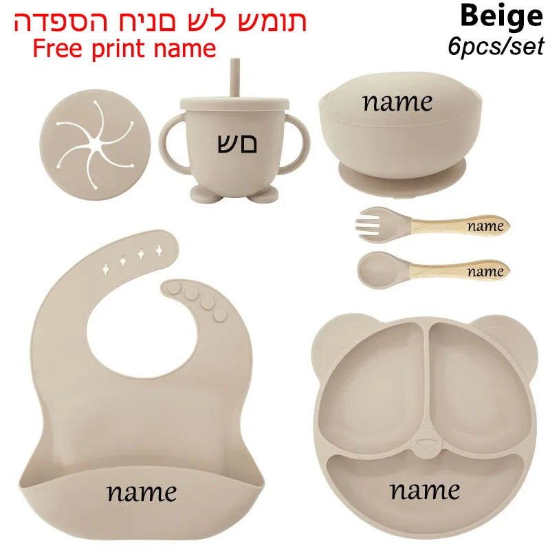6-Piece Baby Feeding Plate Set – Silicone Suction Bowls, Plates, Cups & Spoon for Kids, Personalized Name Tableware