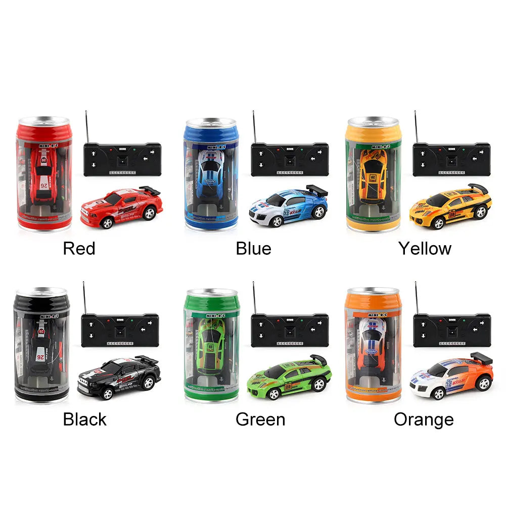 Coke Can Mini RC Car — Battery-Operated Plastic Remote Control Racing Vehicle with Roadblocks, Micro Racing Toy for Kids & Boys