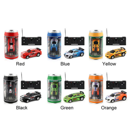 Coke Can Mini RC Car — Battery-Operated Plastic Remote Control Racing Vehicle with Roadblocks, Micro Racing Toy for Kids & Boys