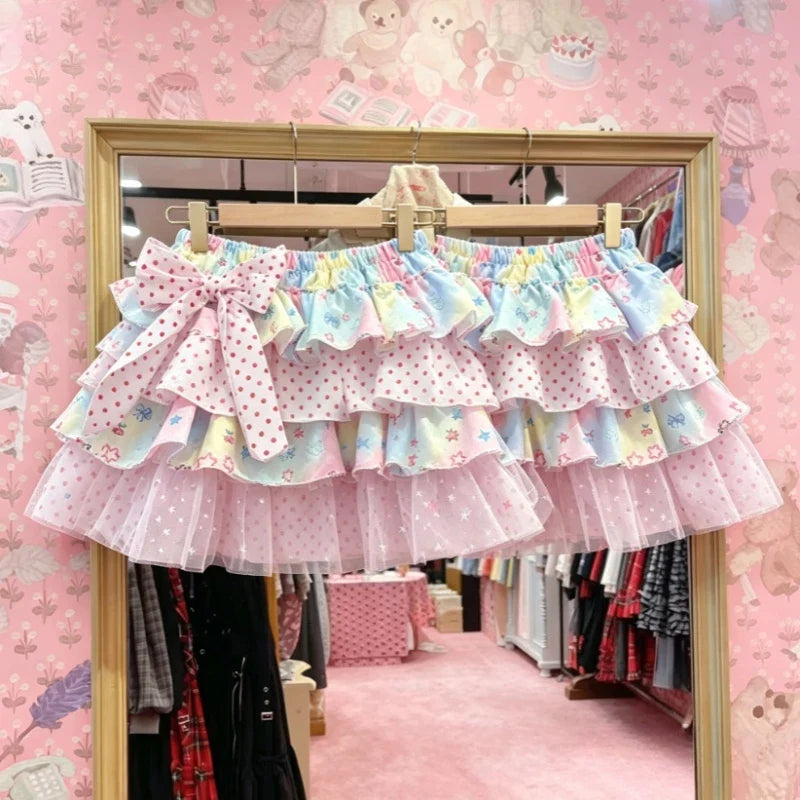 Japanese Kawaii Polka Dot Skirt - Y2K Bow Print Mini Skirt with Puffy Lolita Style