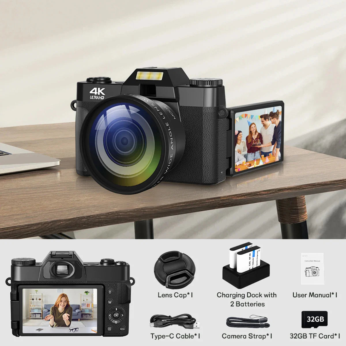 Compact 4K Digital Camera – 64MP WiFi Webcam, Retro Vlog Recorder with 3-Inch Flip Screen & Wide Angle Lens for YouTube