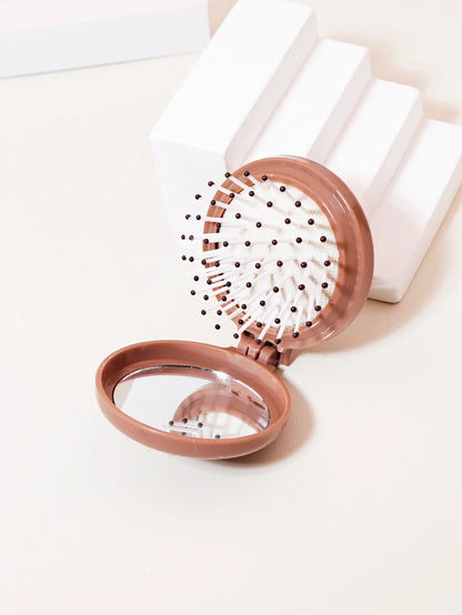 Mini Folding Head Massager & Mirror – Anti-Static Styling Comb for Wigs, Portable Travel Hair Brush