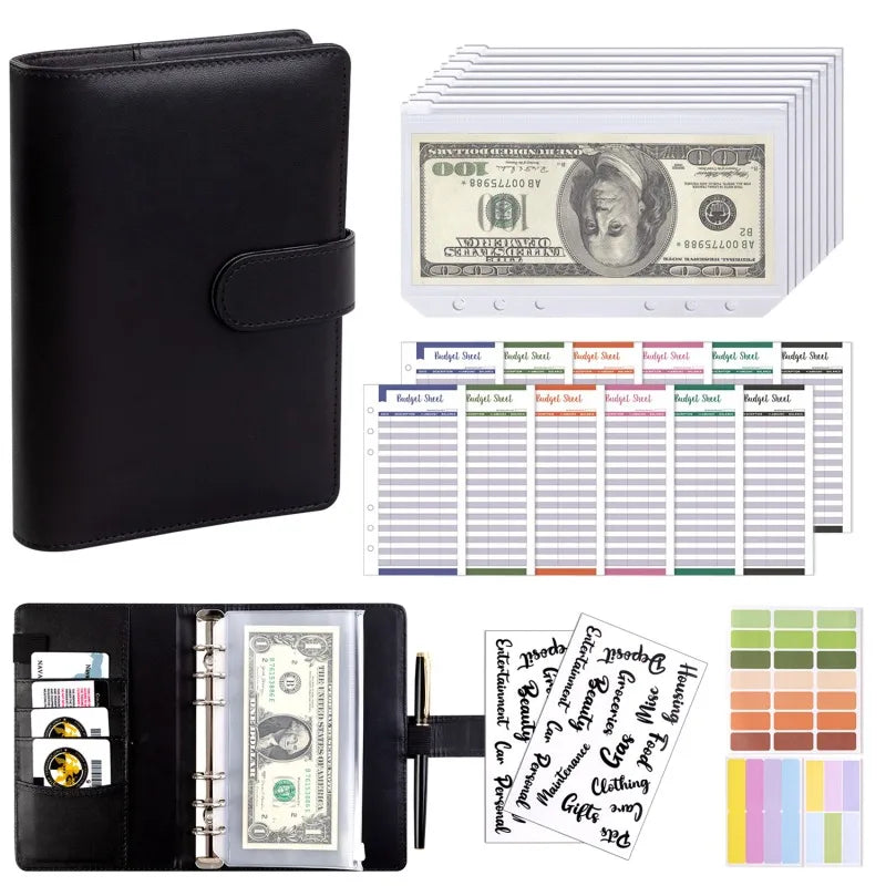 PU Leather Budget Binder with Cash Envelopes – A6 Planner Organizer, Zip Pockets for Saving Money, Small French Budget Pouch