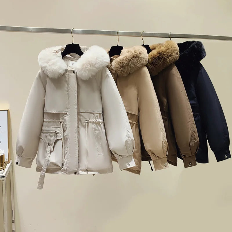 Fleece-Lined Hooded Down Jacket for Women – Warm Padded Parka, Casual Korean Streetwear Winter Coat