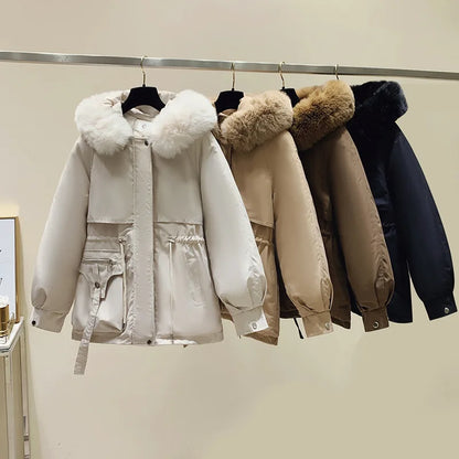 Fleece-Lined Hooded Down Jacket for Women – Warm Padded Parka, Casual Korean Streetwear Winter Coat