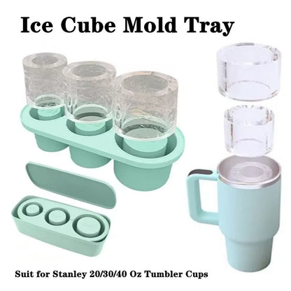 3-Grid Silicone Ice Cube Tray for Stanley 30/40 oz Tumbler – Reusable Cylinder Ice Mold with Lid for Juice, Coffee & Drinks Storage
