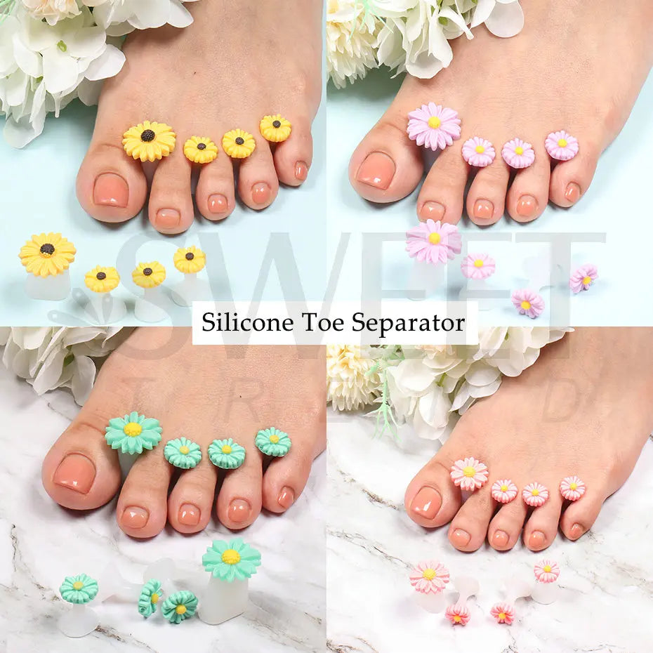 8 Pcs Silicone Toe Separator Pedicure Tools - Cute Daisy Flower Heart Design with Rhinestones, Soft and Effective Foot Care Kit (BES13)