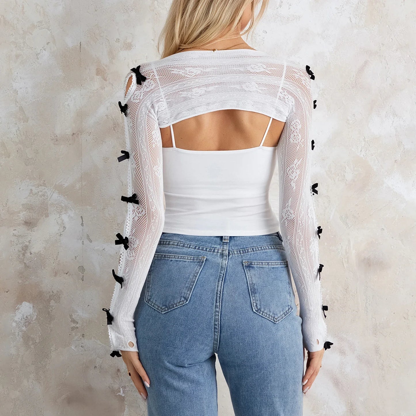 Women’s Lace Shrug Bolero Cardigan – Open Front Fishnet Cropped Shawl Arm Sleeves with Finger Holes Costume Accessories