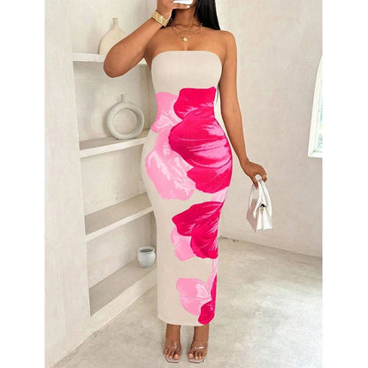Women’s Sexy Slim Fit Long Dress - Elegant Printed Fashion Dress with Chest Detail and Side Slit Design